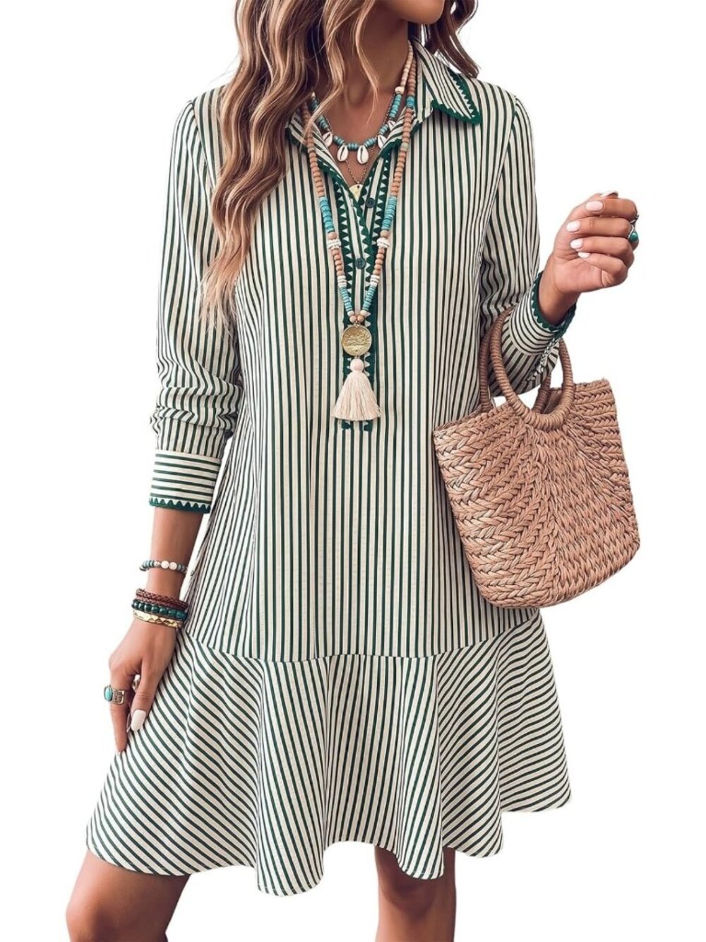 Chic Striped Mini Dress with Button Detail, Embroidered Ruffle Hem for Women